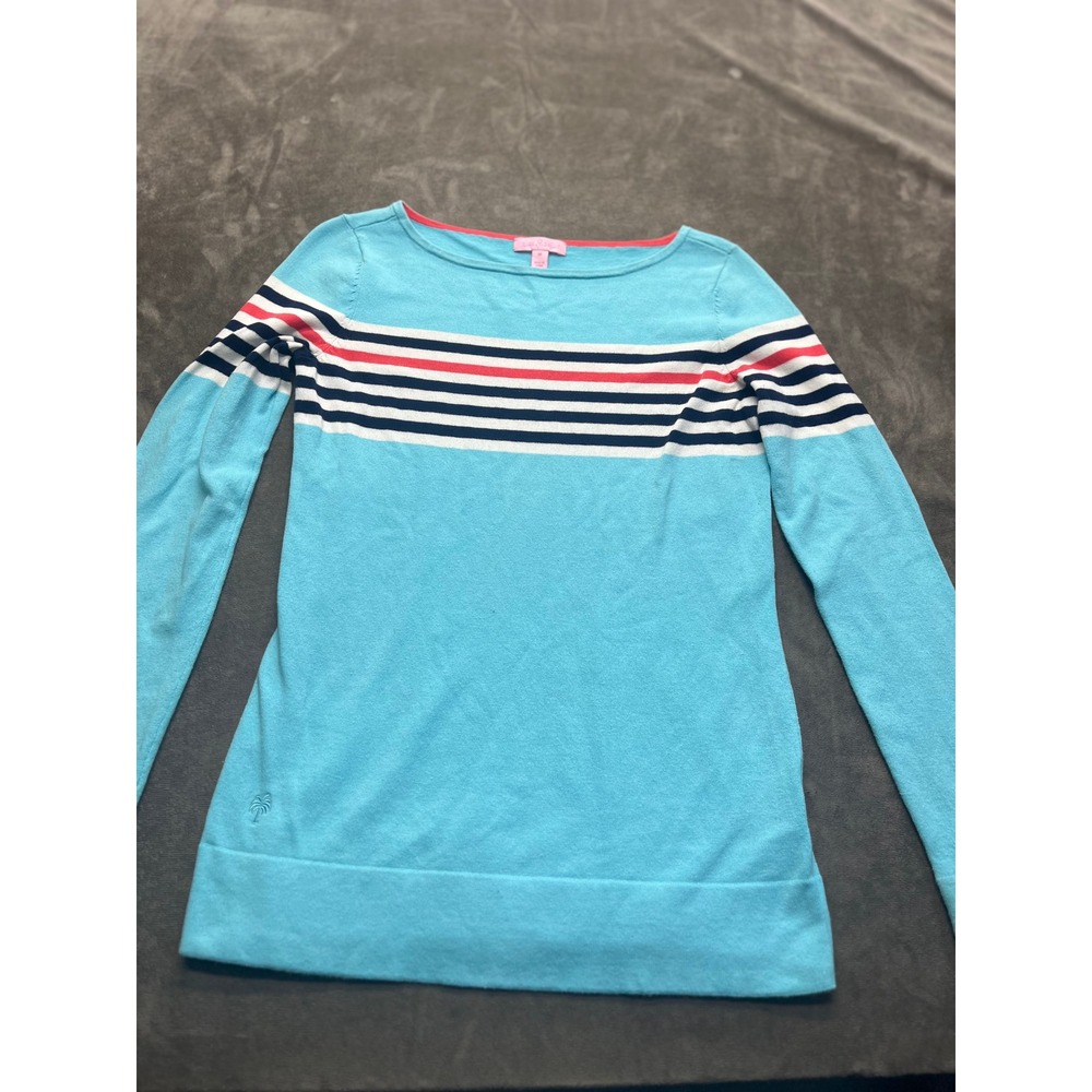 Lilly Pulitzer Womens Turquoise Blue Striped Boat Neck Knit Sweater Size M